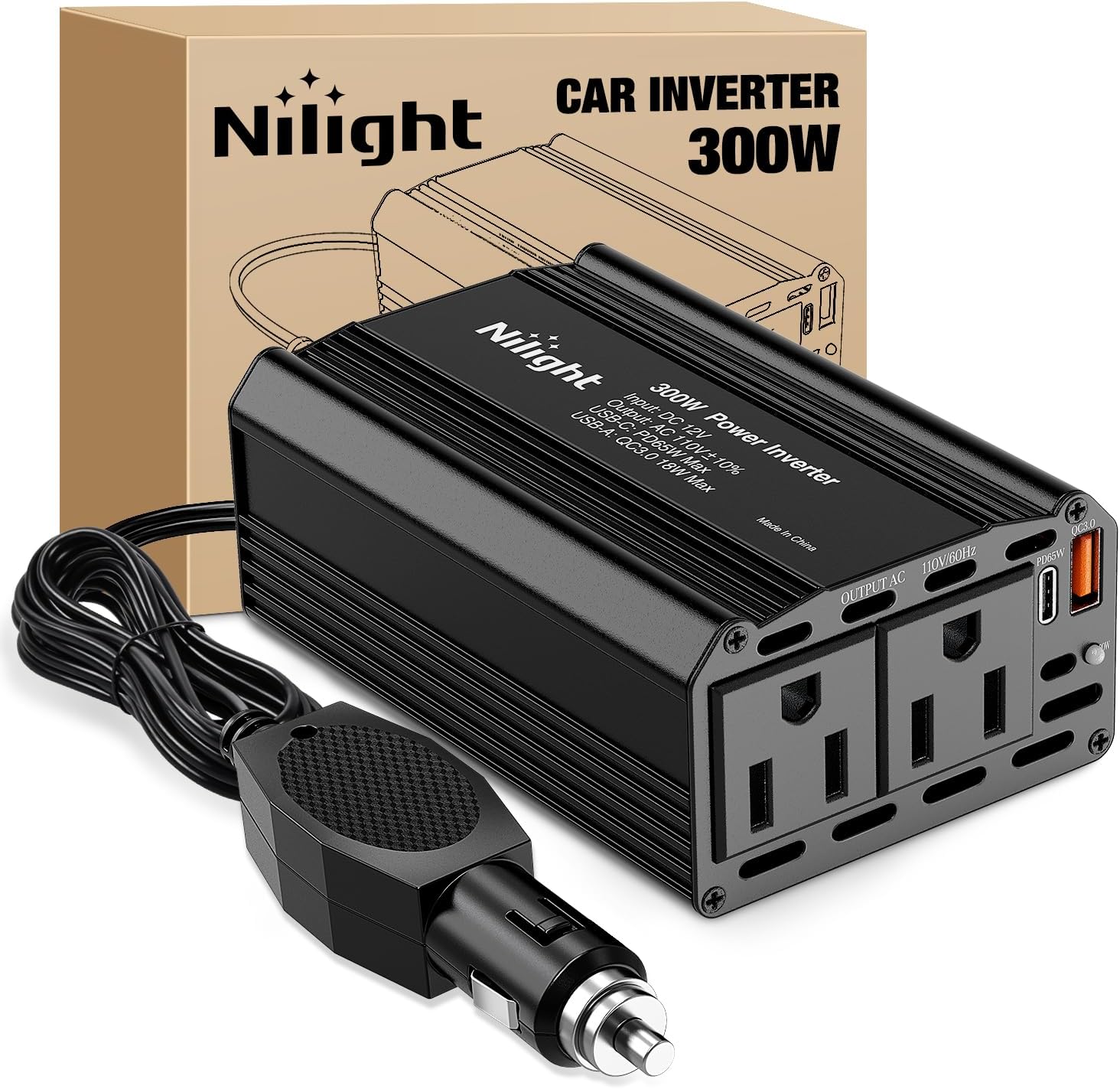 300W Power Inverter 12V DC to 110V AC Car Converter with PD 65W USB C & QC3.0 for Phones Tablets Laptop Computer Game Console Kindle iPad DVD Players Black