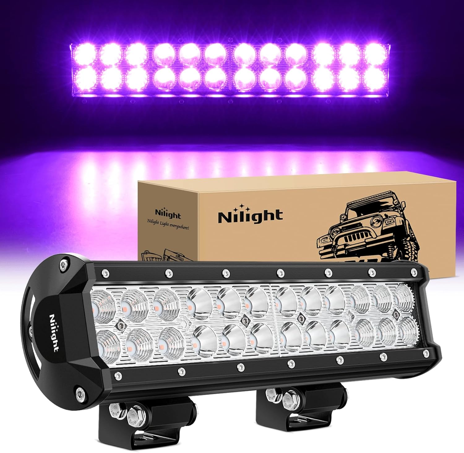 LED Light Bar 12 Inch 72W Spot Flood Combo Purple Beam Off Road Lamp Fishing Hunting Emergency Deck Work Lighting for Trucks UTV Pick-up Van Boat Tractor