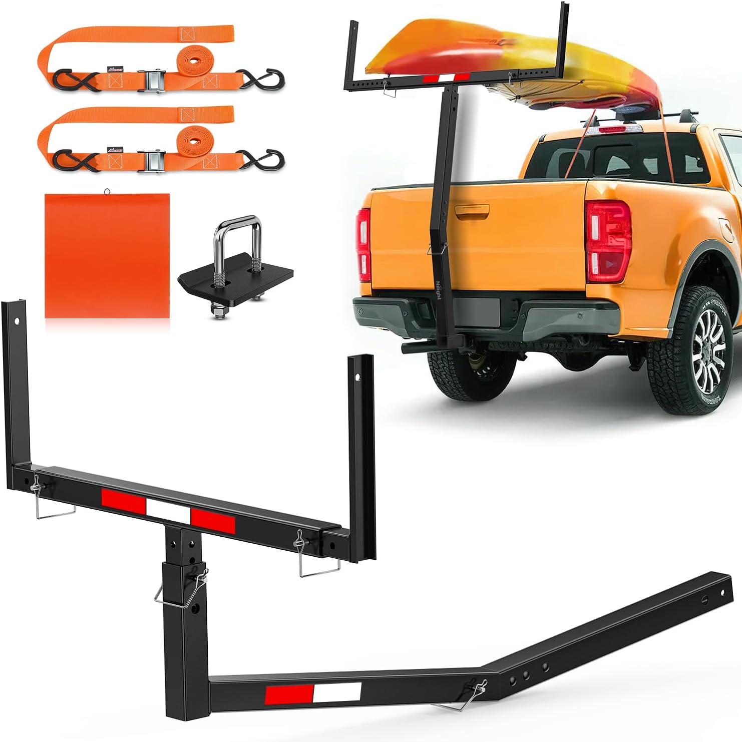 Truck Bed Extender w/Straps & Receiver Tightener & Flag, Fits 2-inch Hitch Receiver, 2-in 1 Pickup Hitch Mount Truck Bed Extension for Rack, SUV, Lumber, Ladder, Canoe, Boat, Kayak, Pipes