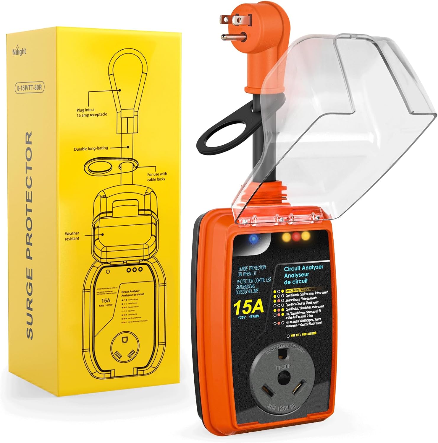 15 to 30 Amp RV Surge Protector Power Adapter 2100 Joules Voltage Monitor 5-15P to TT-30R Converter 125V/1875W Waterproof Circuit Analyzer with Extension Cord for Camper Travel Trailer