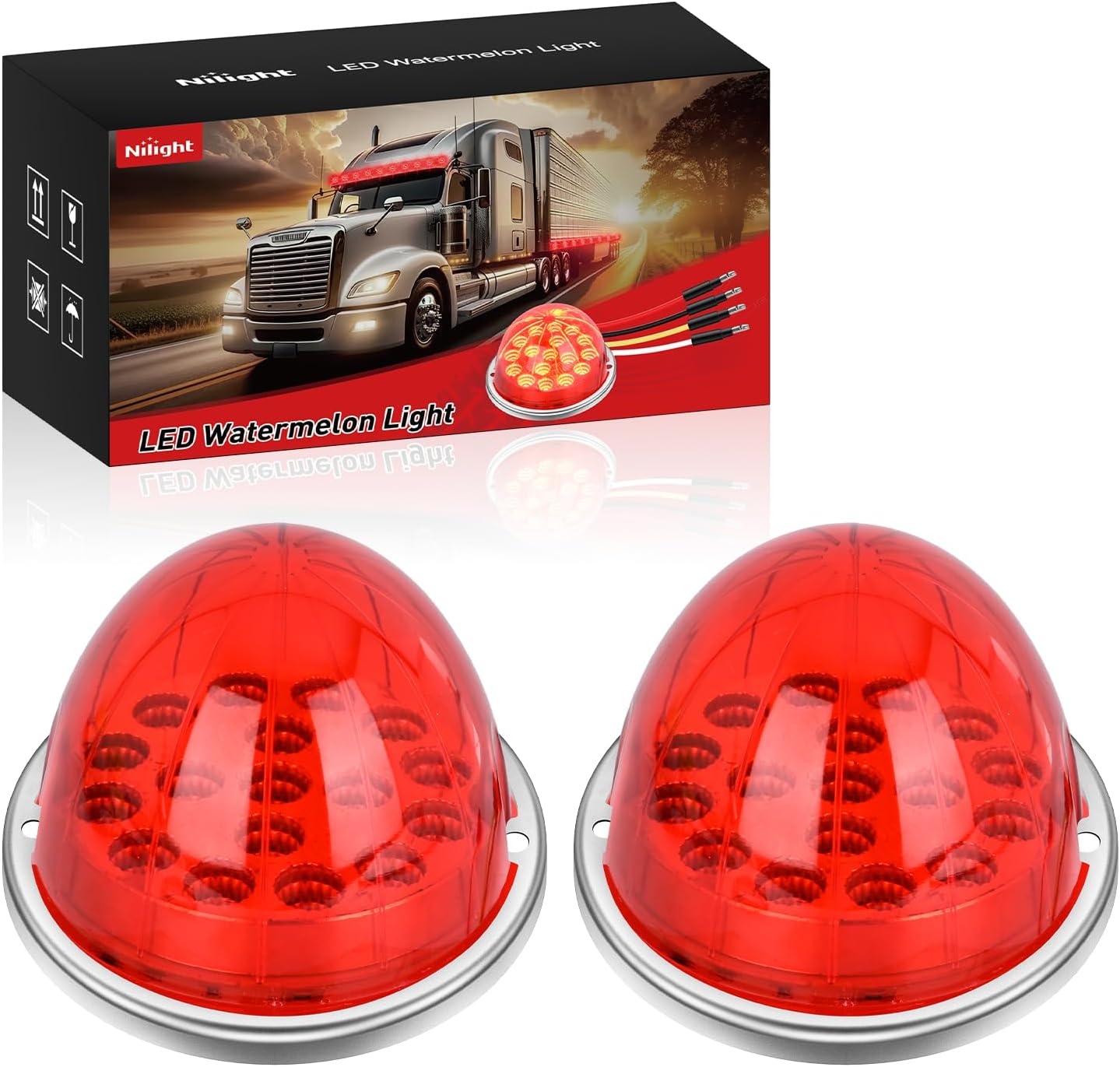 Watermelon Light 17 LED Triple Function 2PCS Red Lens Stainless Steel Bezel Marker Clearance Strobe Brake Lights 4 Plug IP68 Waterproof for Trailer Truck Pickup Camper RV ATV UTV Boat