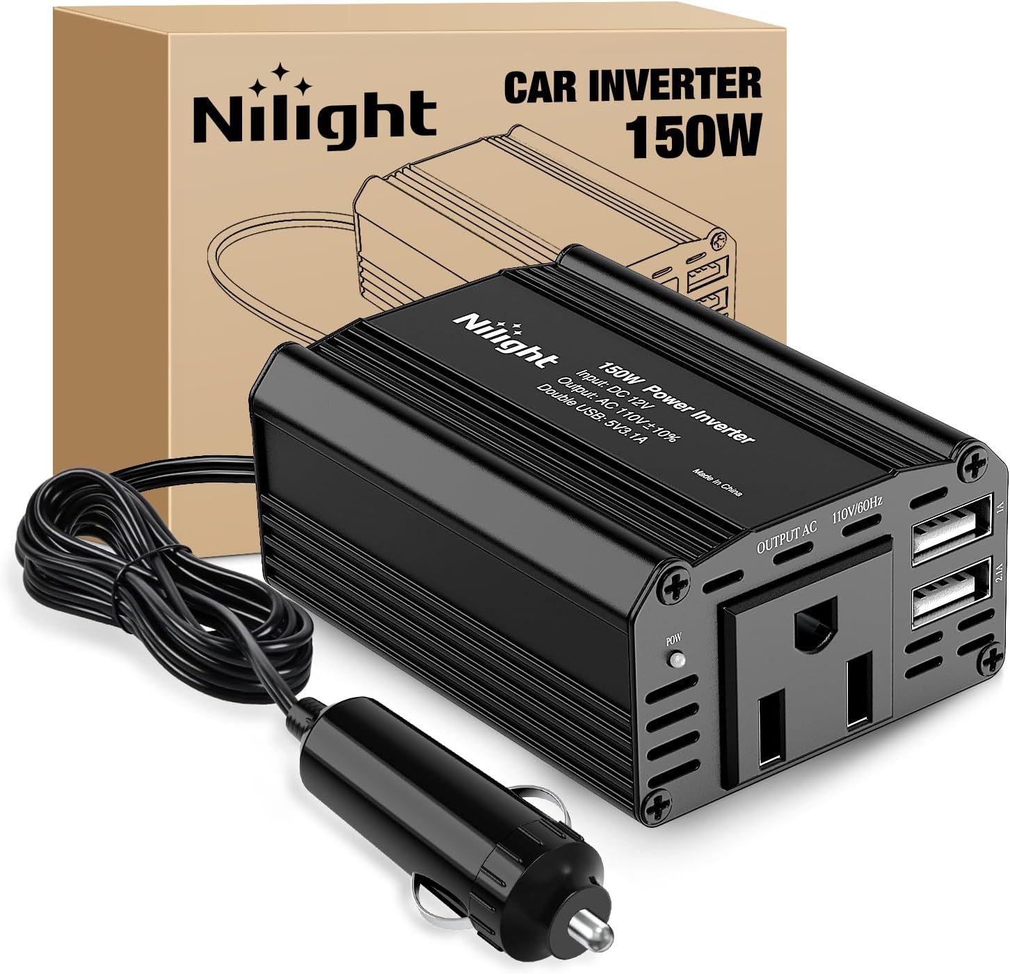 150W Power Inverter 12V DC to 110V AC Car Charger Converter with 3.1A Dual USB Ports and 1 AC Outlets for Phones Tablets Laptop Computer Game Console Kindle iPad DVD Players Black