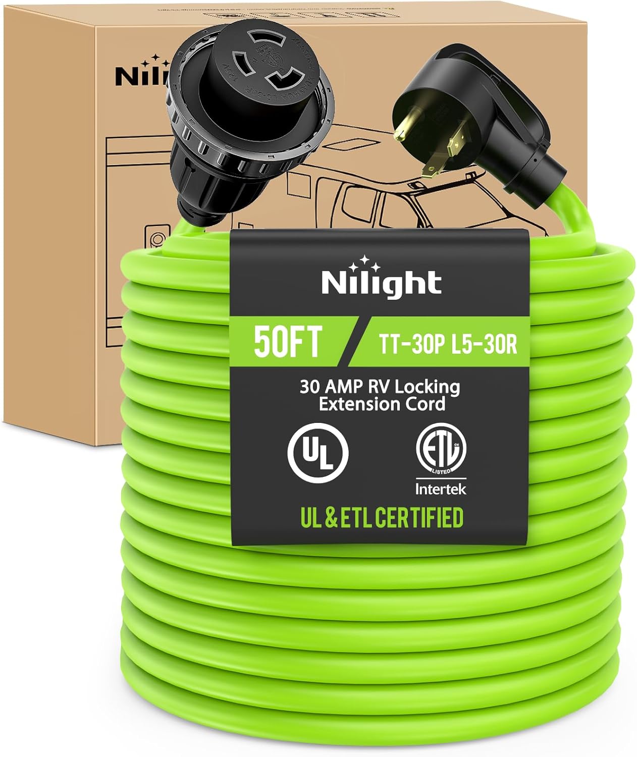 50FT 30 Amp RV Locking Extension Cord 125V Heavy Duty 10/3 Gauge Pure Copper STW Wire UL ETL Listed 3 Prong TT-30P L5-30R Weatherproof Suit for Camper Caravan Trailer Bright Green