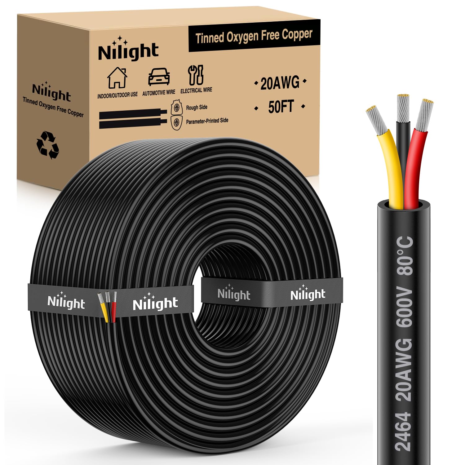 50FT 20AWG 3 Conductor Electrical Wire Tinned Oxygen Free Copper Red Black Yellow 3 Wires Parallel 600V DC Flexible PVC Case Extension Cords for LED Strips Lamps Lighting