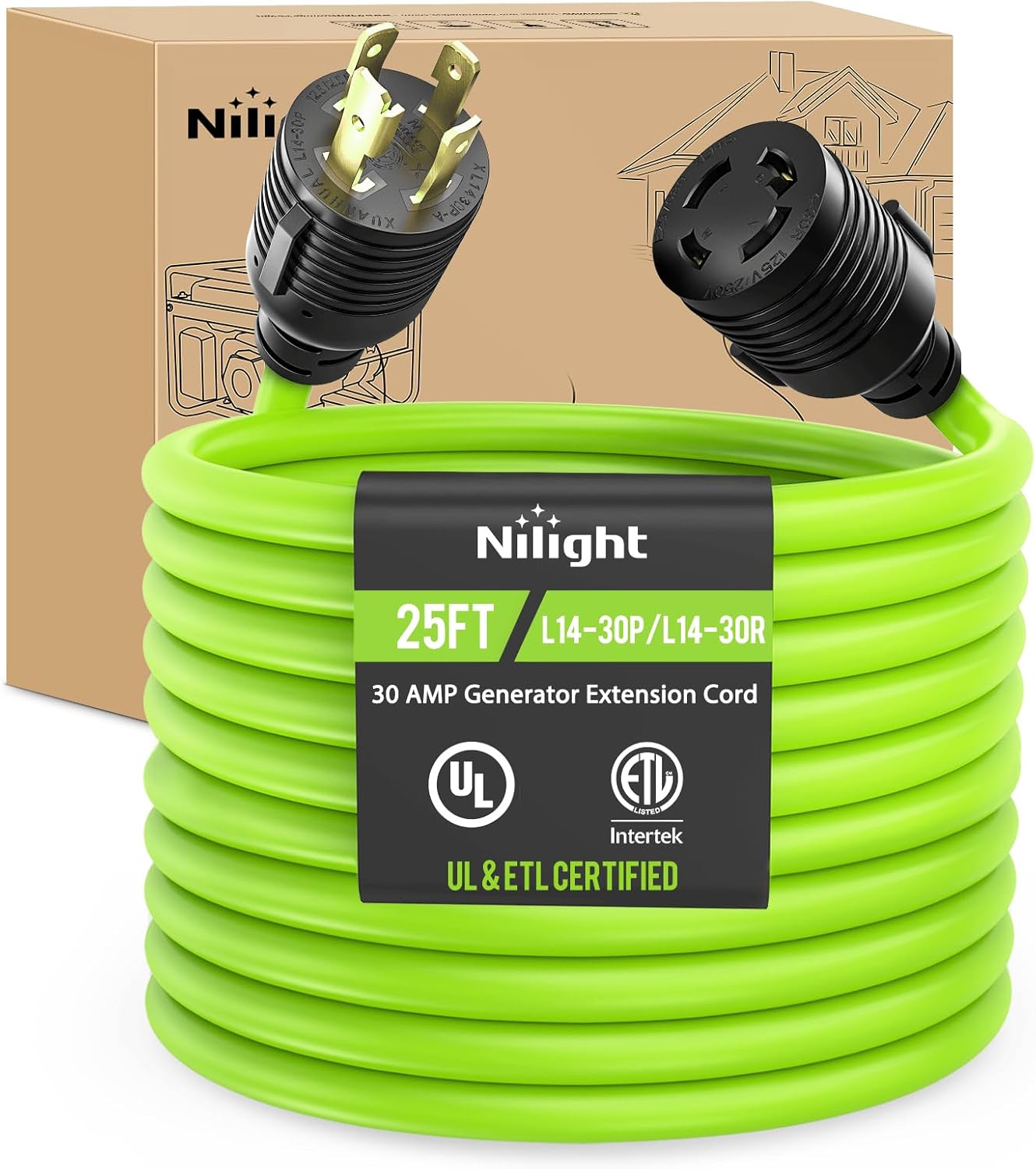 25FT 30Amp Generator Extension Cord 125V Heavy Duty 10/3 Gauge Pure Copper STW Wire UL ETL Listed 4 Prong L14-30P L14-30R Weatherproof Suit for Camper Outdoor Use Bright Green