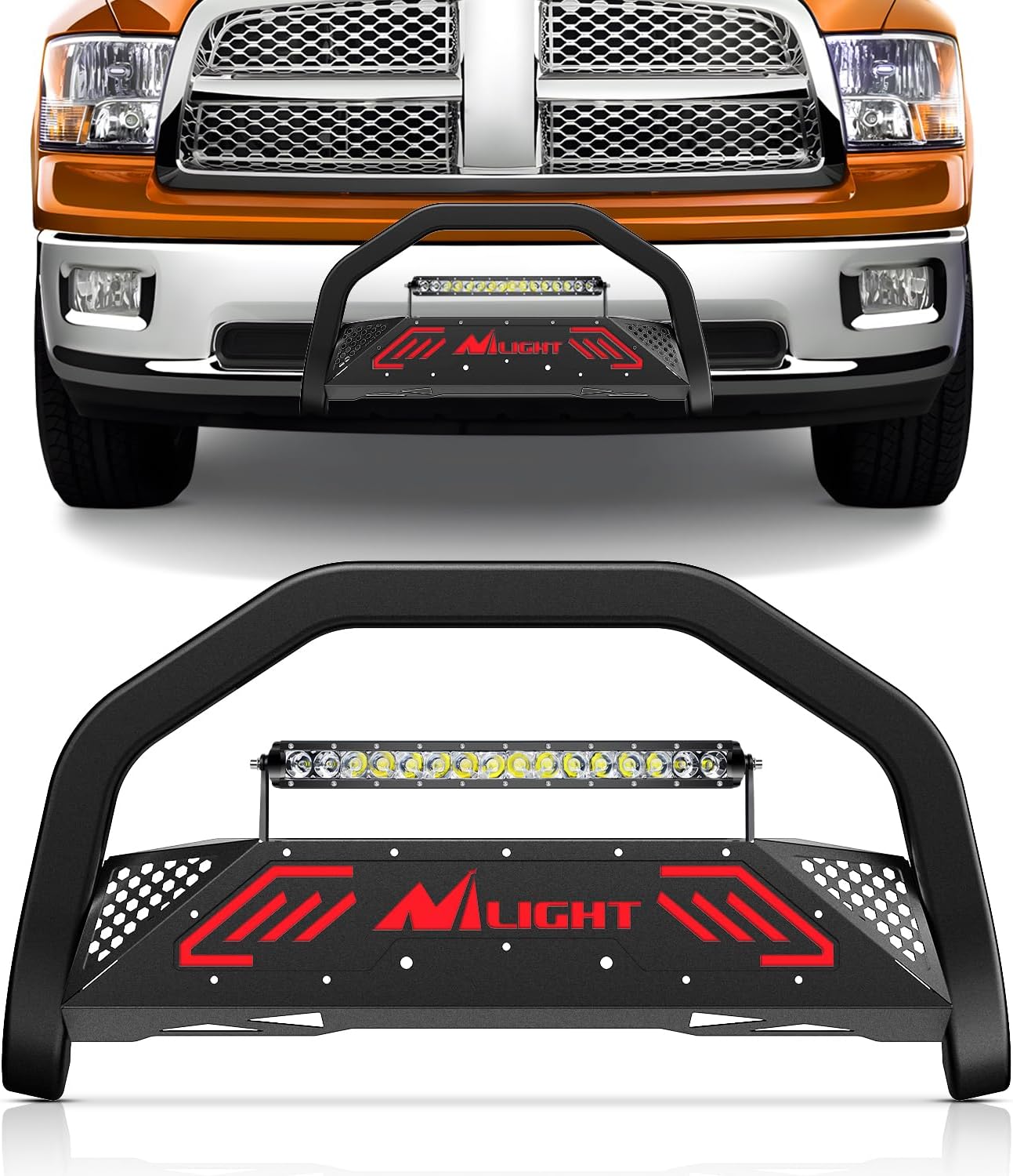 Bull Bar with Light Bar & License Plate Hole for 2009-2018 Dodge Ram 1500&2019-2024 RAM 1500 Classic (Exl Rebel Sport) Truck Brush Guard Front Bumper Push Bar w/Grille Skid Plate Light Mount