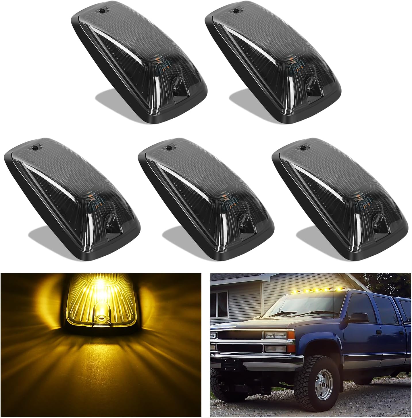 LED Cab Marker Lights 5 PCS 5 LED Smoke Lens Amber Clearance Roof Running Light Compatible with 1988-2002 GMC Chevrolet C1500 C2500 C3500 K1500 K2500 K3500 Suburban