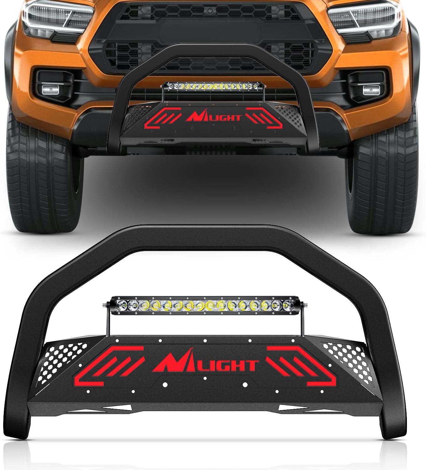 Bull Bar with Light Bar & License Plate Hole Compatible with Toyota Tacoma 2016 2017 2018 2019 2020 2021 2022 2023 Truck Brush Guard, Front Bumper Push Bar w/Grille Skid Plate Light Mount