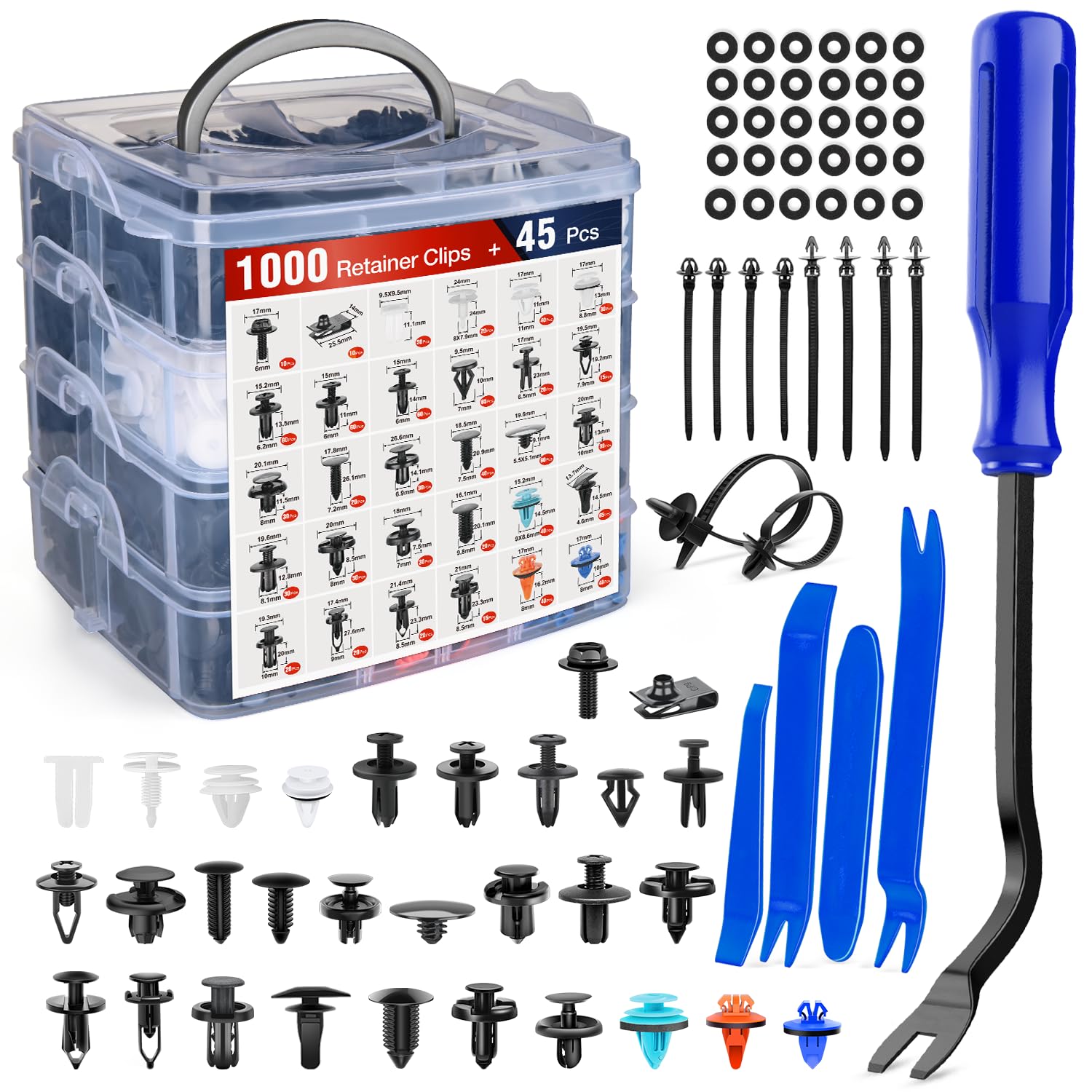 1045Pcs Car Push Retainer Clips Auto Fasteners Kit 30 Most Popular Sizes Nylon Bumper Fender Rivets with 5 Fasteners Remover 10 Cable Ties for Toyota GM Ford Honda Chevy