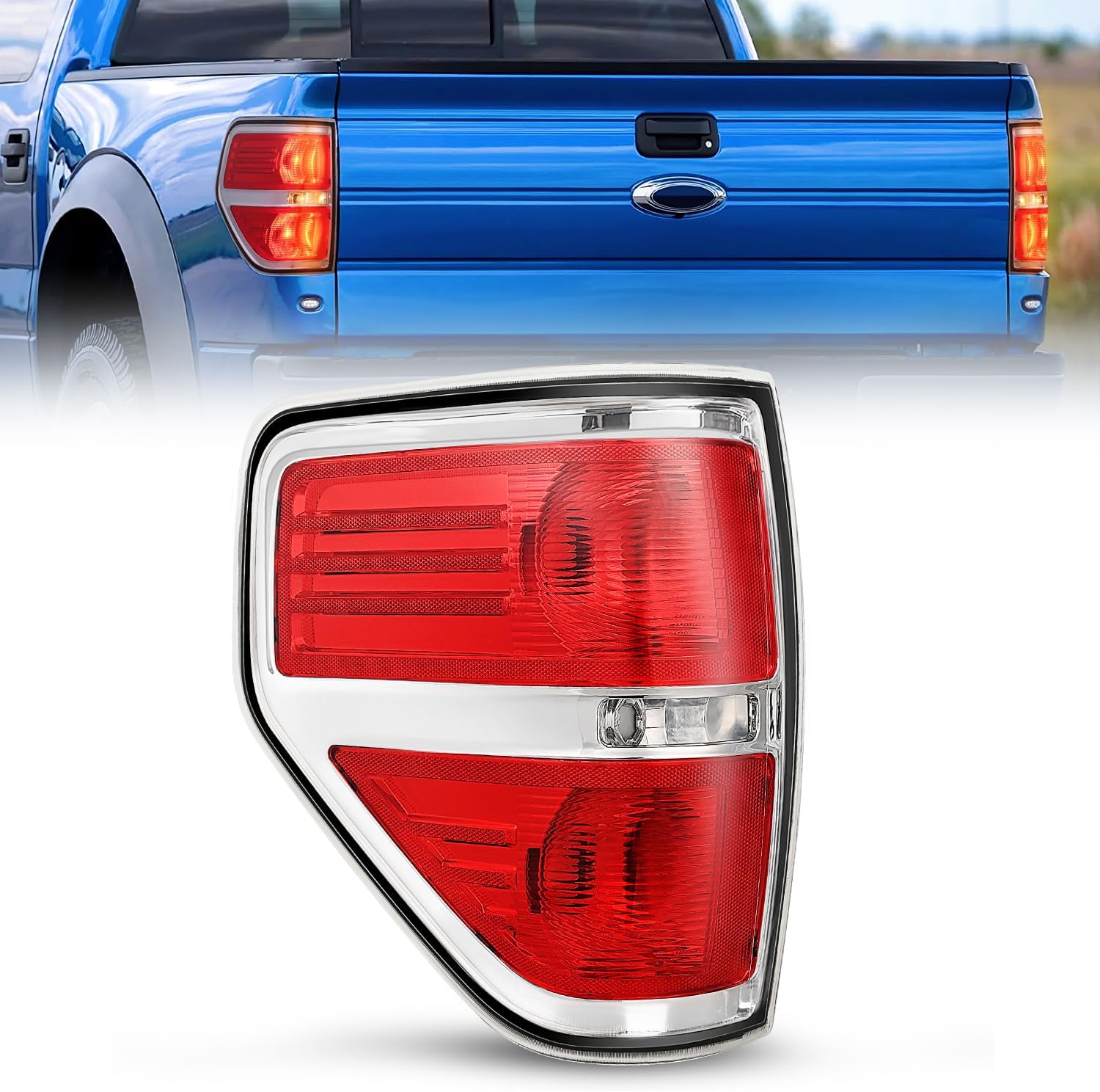 Taillight Assembly Compatible with 2009 2010 2011 2012 2013 2014 Ford F-150 F150 Pickup Truck Taillights Rear Lamp Replacement OE Style Red Housing Driver Side Chrome Trim