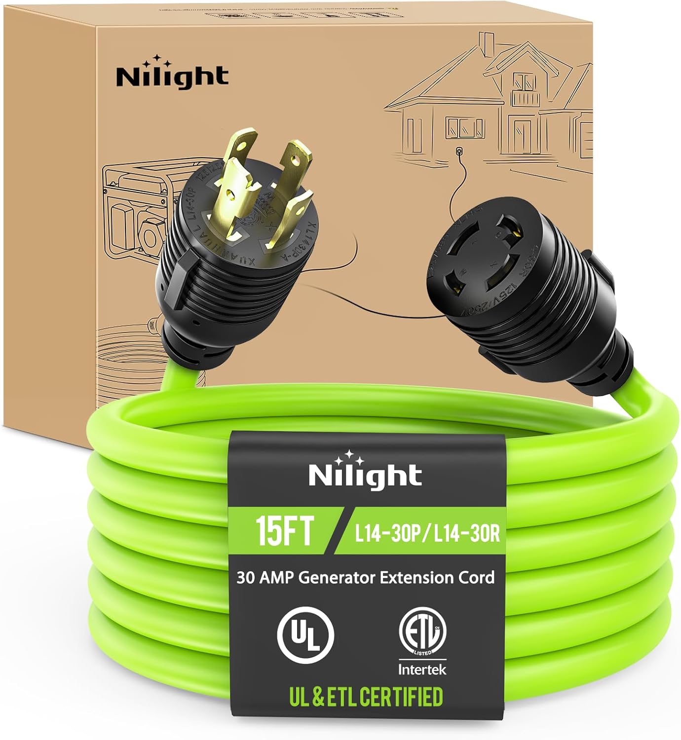 15FT 30Amp Generator Extension Cord 125V Heavy Duty 10/3 Gauge Pure Copper STW Wire UL ETL Listed 4 Prong L14-30P L14-30R Weatherproof Suit for Camper Outdoor Use Bright Green