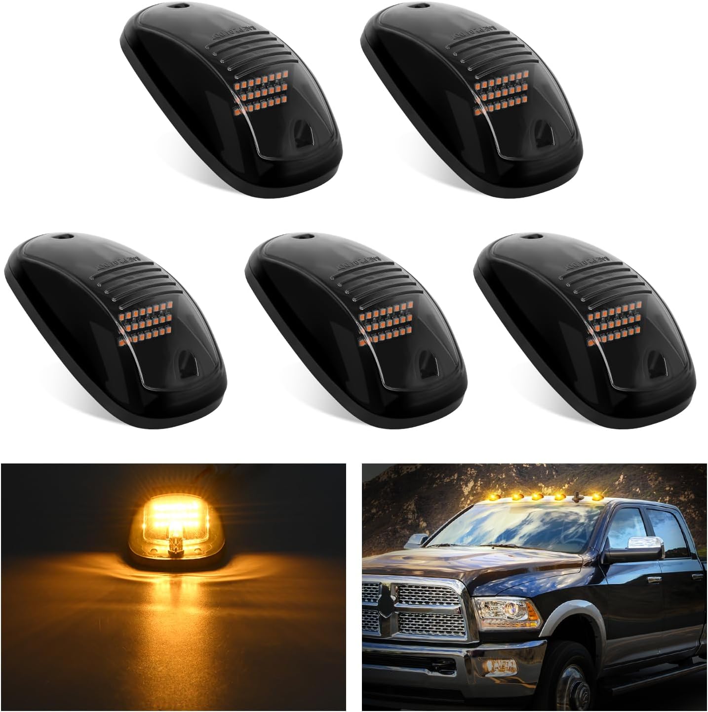 LED Cab Marker Lights 5 PCS 24 LED Smoke Lens Amber Clearance Roof Running Light Compatible with 2003-2018 Dodge Ram 1500 2500 3500 Pickup Trucks