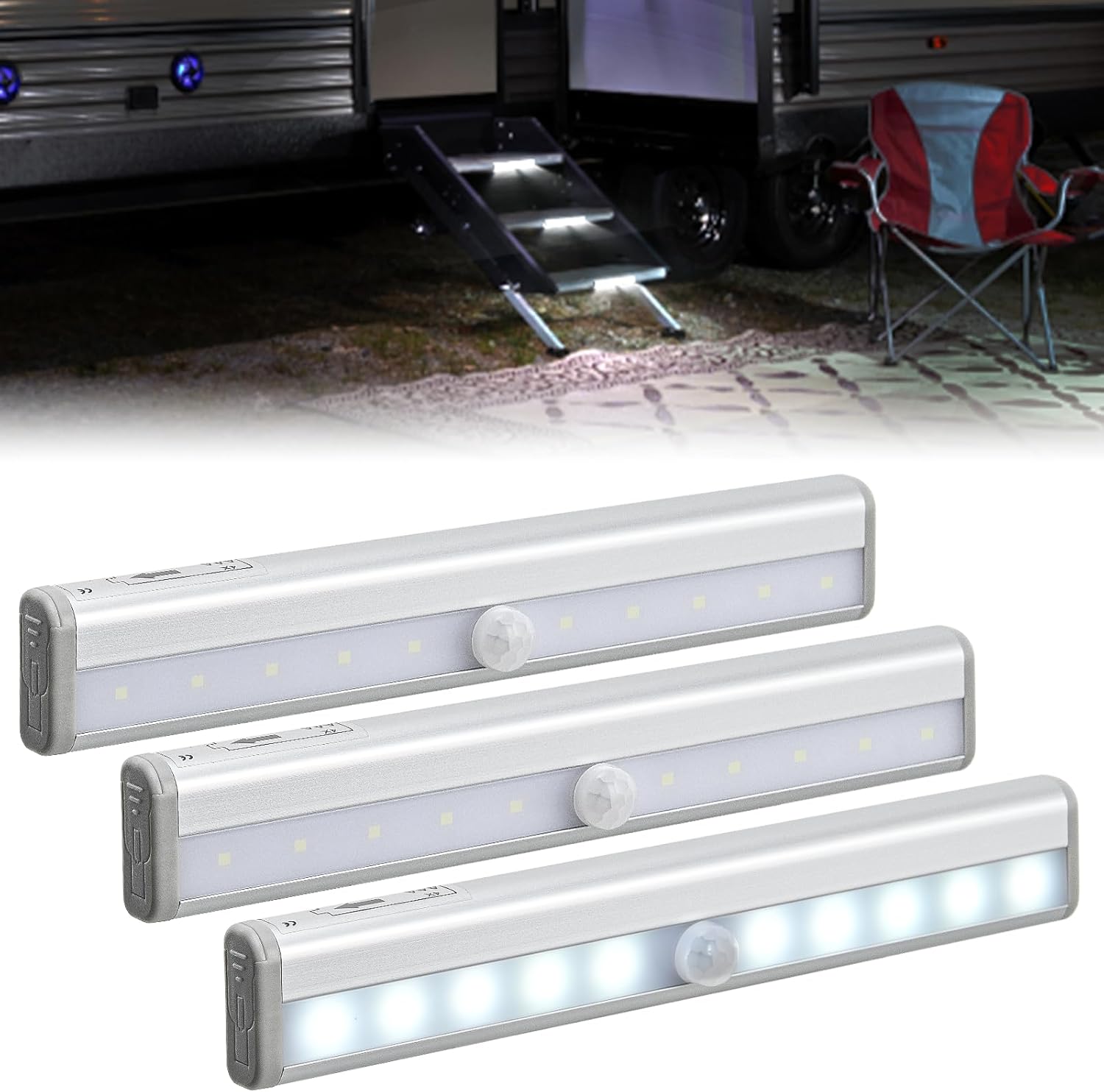RV Step Lights 3PCS Motion Sensor Activated LED Bar RV Exterior Lights Battery Operated Wireless Magnetic Stick Strip Lighting for Motorhome Travel Trailers Camper Under Cabinet Step Tent