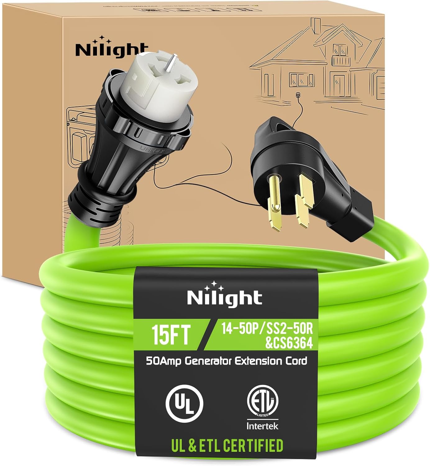 15FT 50 Amp Generator Extension Cord 250V Heavy Duty 6/3+8/1 Gauge Pure Copper STW Wire ETL Listed 4 Prong 14-50P SS2-50R&CS6364 Suit for RV Camper Outdoor Use Bright Green