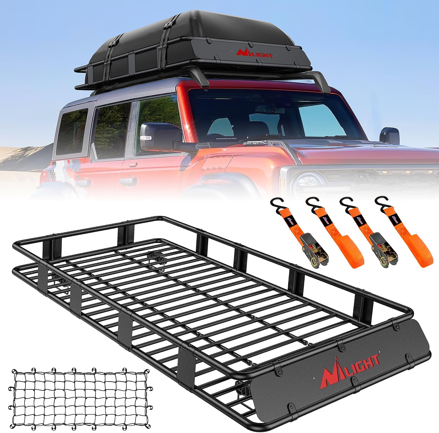 84 Inch x 39 Inch x 6 Inch Universal Roof Rack Cargo Basket Heavy-Duty 250LBS Capacity Rooftop Cargo Carrier with Cargo Net Ratchet Straps Luggage Holder for SUV Truck Vehicle