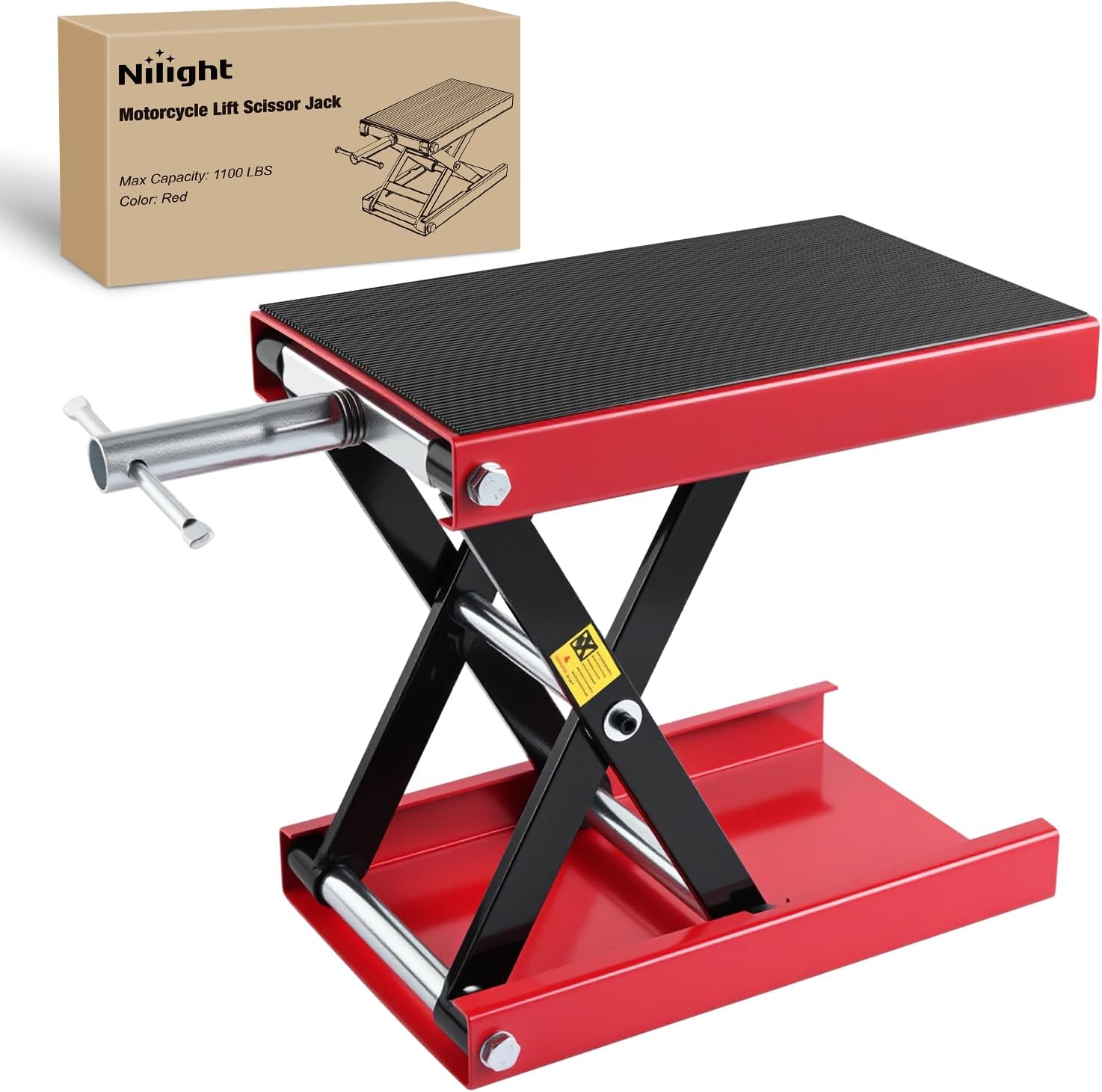 Motorcycle Lift Jack 1100 LBS Scissor Jack Stand Lift from 3.4 Inch to 14.2 Inch with Wide Deck Crank Handle Steel Scissor Hoist Garage Repair Lifter Table Jacks for Motorcycles ATV Dirt Bike, Red