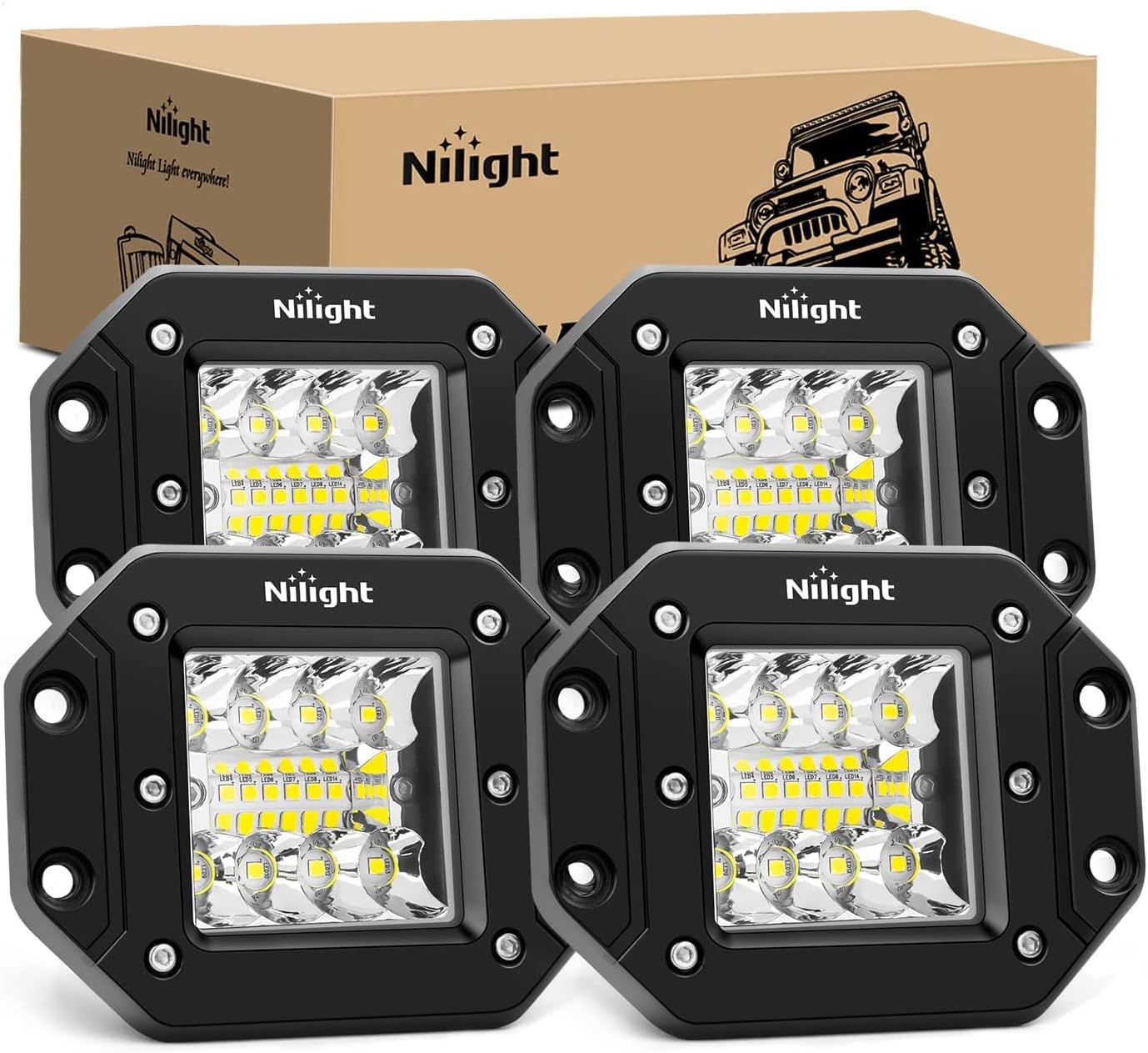 4PCS 42W Flush Mount LED Light Pods - Upgraded Spot Flood Combo Beam Driving, Work, Backup, Reverse, Grill Mount Light for Offroad 4x4 Truck SUV