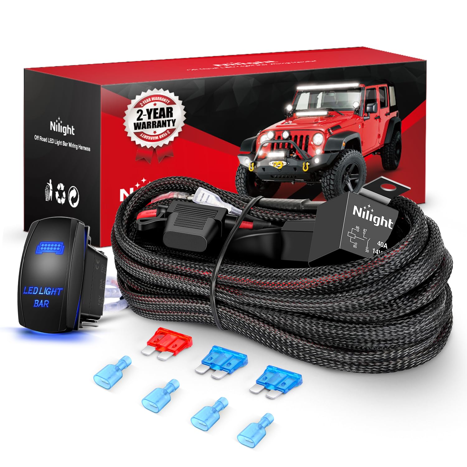 Wiring Harness Kit Nylon 16 AWG 2 Leads LED Light Bar 12V 5Pin Rocker Switch Laser On Off Power Relay Blade Fuse for Off Road Lights on Cars Jeep Boat Trucks