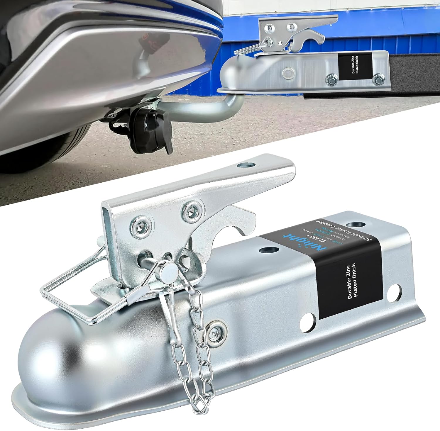 Straight Trailer Coupler with Security Latch&Chain for 1-7/8 Inch Hitch Ball, 2-Inch Channel,2000 LBS, Heavy Duty Trailler Tongue Coupler for Station Wagon, Truck, Bolted & welded installation