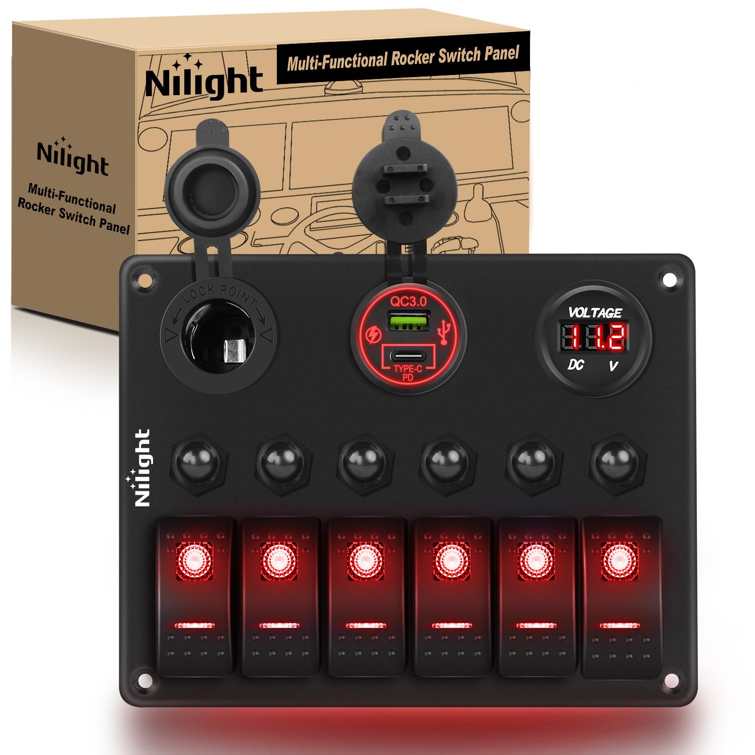6 Gang Rocker Switch Panel Waterproof Pre-Wired Aluminum Panels with PD Type C and USB Cigarette Lighter Socket Voltmeter 12V 24V ON Off Switches for Car Trucks Boats RVs Red