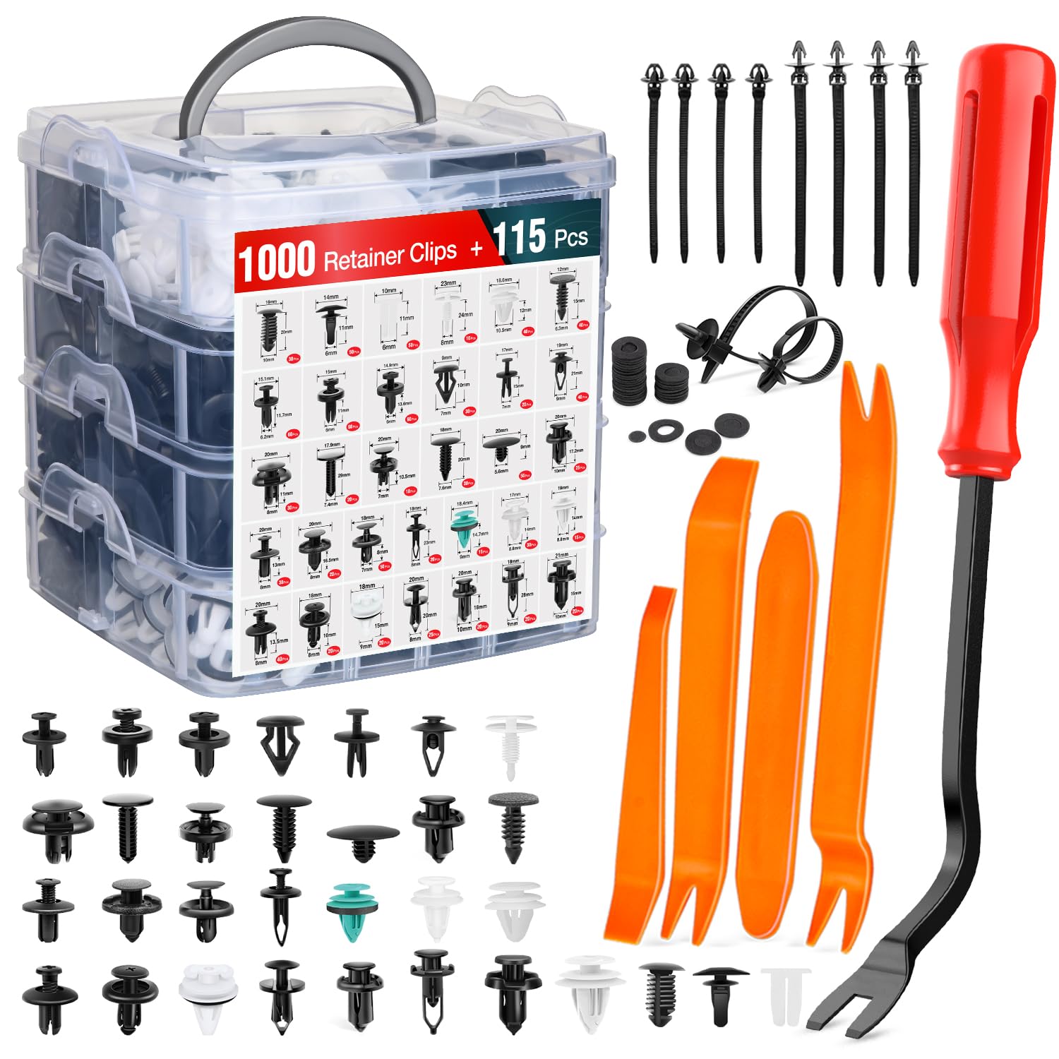 1115Pcs Car Push Retainer Clips Auto Fasteners Kit 32 Most Popular Sizes Nylon Bumper Fender Rivets with 5 Fasteners Remover 10 Cable Ties for Toyota GM Ford Honda Chevy
