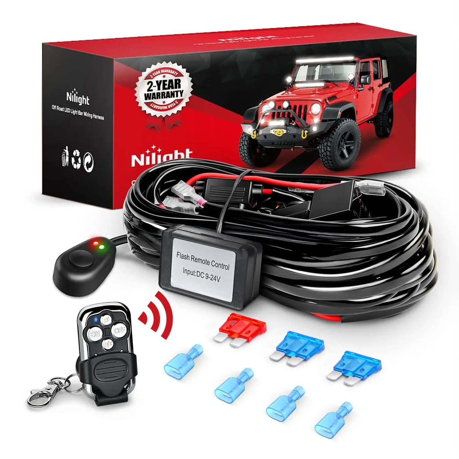 16AWG Wire Harness Kit 2 Leads W/ Remote Controller Switch | 3 Fuses | 4 Spade Connectors
