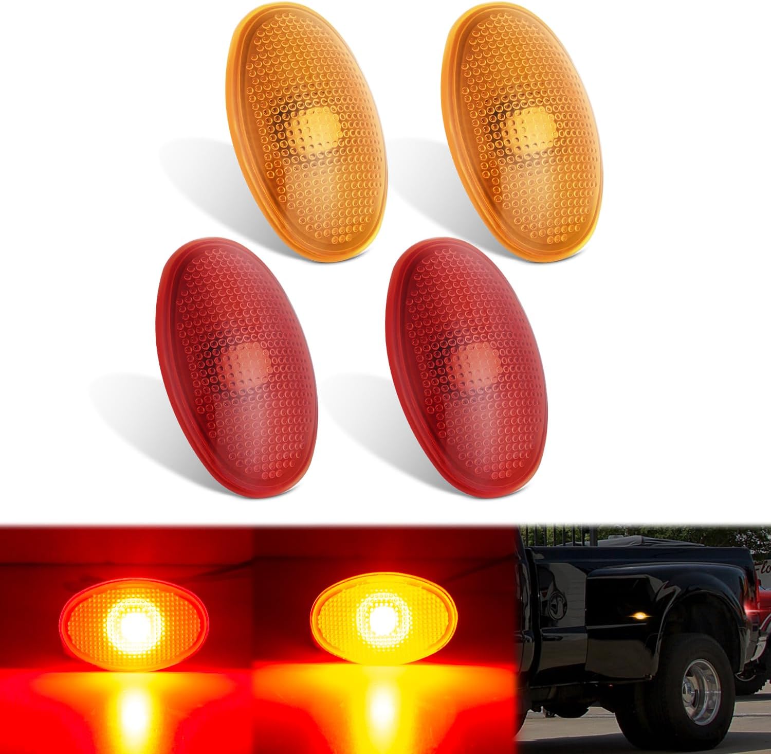 Fender Side Marker Lights 4 PCS Red Amber Front Rear Clearance Light Compatible with Ford 1999-2010 F350 F450 F550 Super Duty Dual Wheeler Trucks