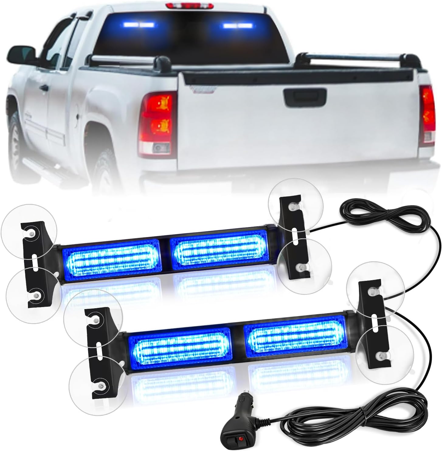 40LED Blue Emergency Strobe Traffic Advisor Light Bar with Suction Cups Dash Safety Warning Hazard Flashing Lights Interior Front/Rear Windshield for Trucks Construction Vehicles