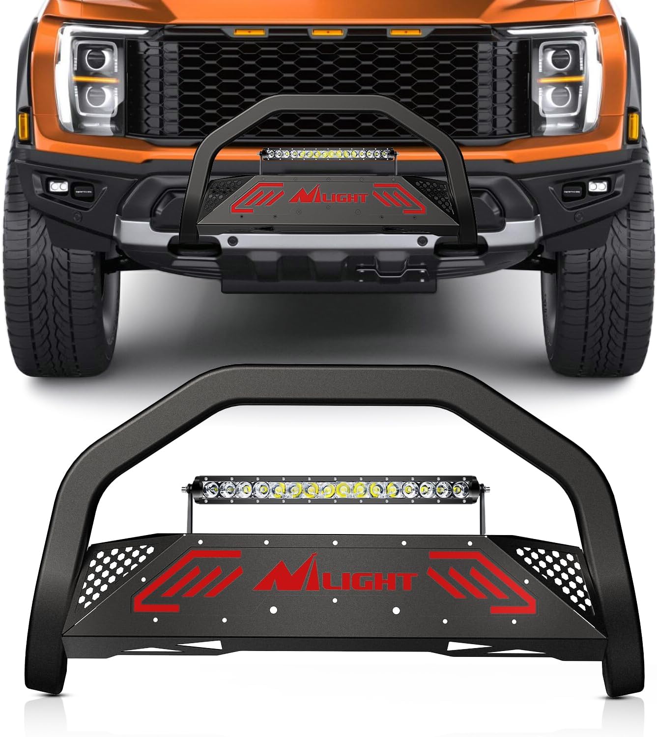 Bull Bar with Light Bar&License Plate Hole Compatible for Ford F-150 F150 2004-2026 Truck Brush Guard, Front Bumper Push Bar w/Grille Skid Plate Light Mount