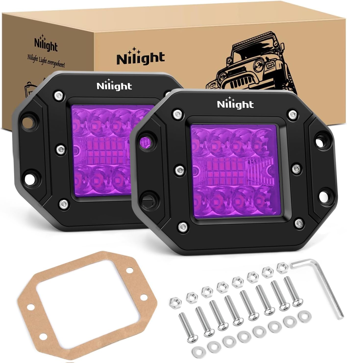 Flush Mount LED Light Pods 2 PCS 42 W Purple Upgraded Spot Flood Combo Bumper Driving Decoration Neon Light Bar Off Road Lights 12V 24V Lighting for Truck ATV UTV SUV Pickup Van Boat Tractor
