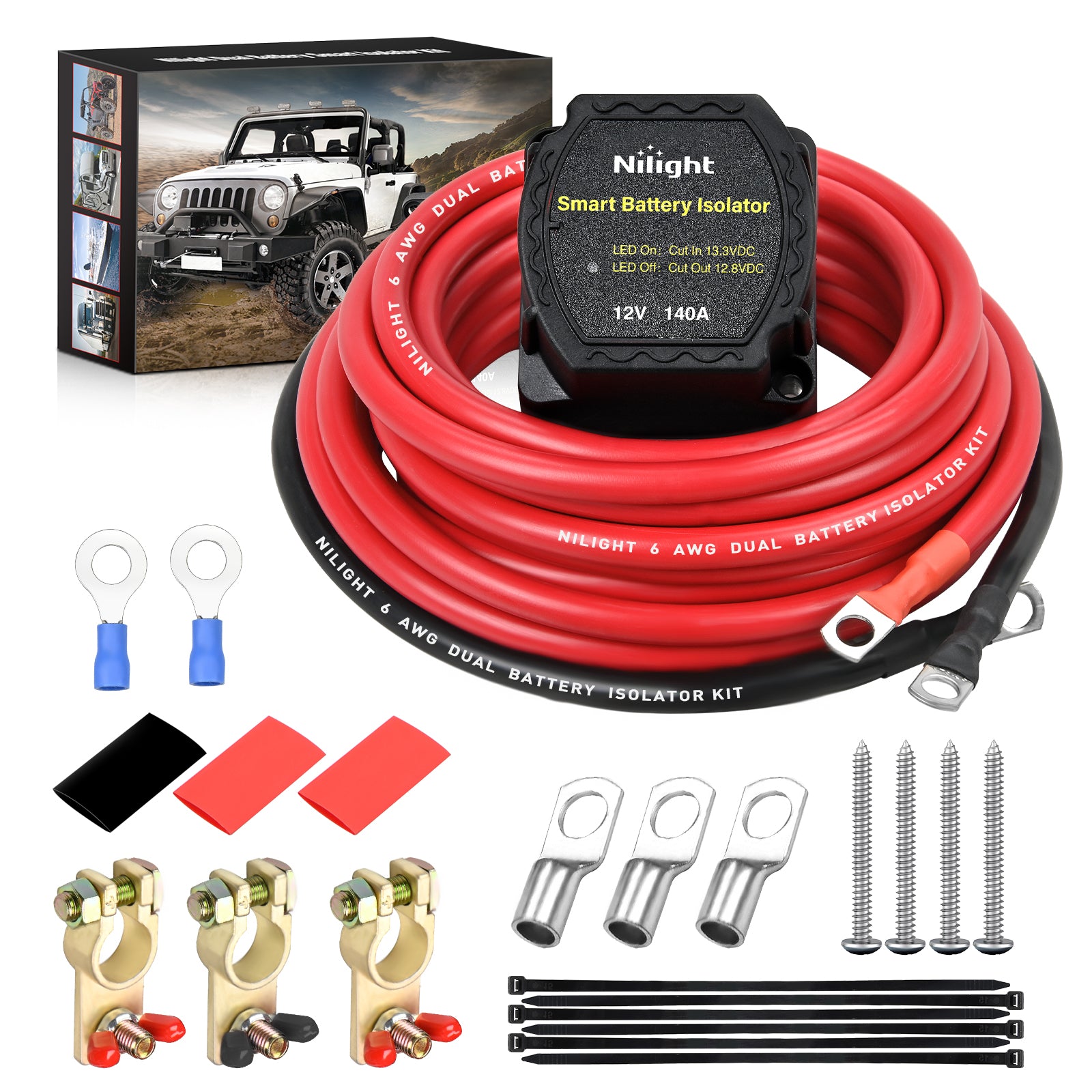 12V 140AMP Dual Battery Isolator Kit with 6 AWG Power Cable Terminal Voltage Sensitive Relay Smart VSR Automatic Charger Disconnect for Truck Van RV ATV UTV Boat Can Am