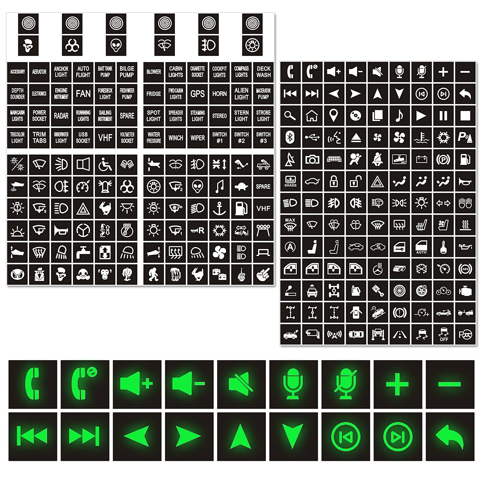 249PCS Night Glow Sticker for Rocker Switch Panel DIY Luminous Pattern Text Label in The Dark Toggle for Dashboard Boat RV Car Truck Vehicle