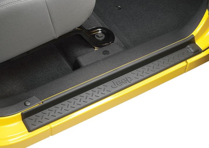 Mopar 82210104AB Door Sill Entry Guards in Black Plastic with Jeep Logo for 07-18 Jeep Wrangler JK