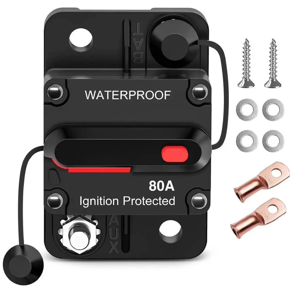 80A Circuit Breaker Resettable 12-48V DC Manual Reset w/Copper Wire Lugs Surface Mount Overload Protection