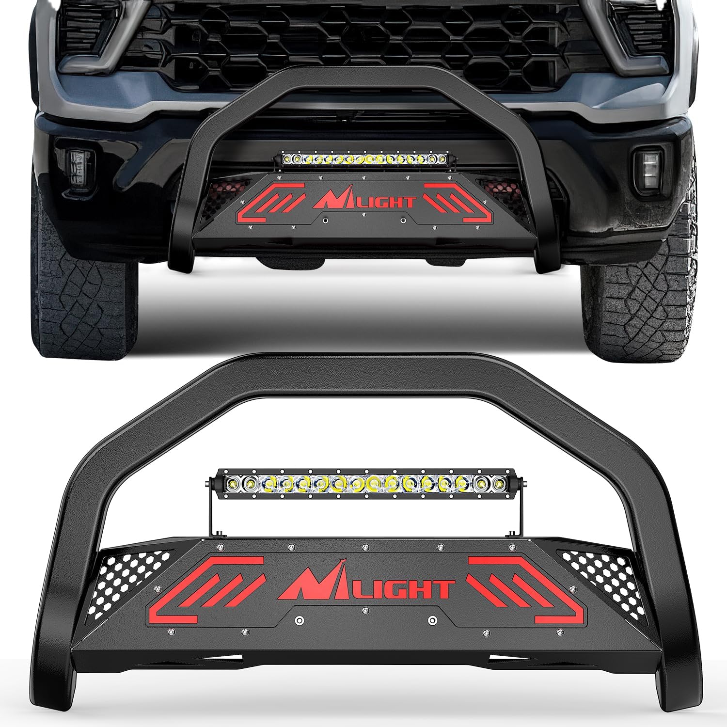 Bull Bar with Light fits 2019-2024 Chevy Silverado 1500(Excl. 19 LTD Classic) & GMC Sierra 1500(Excl. 19 LTD Classic) Front Bumper Grille Brush Push Guard with Skid Plate Licence Plate Hole