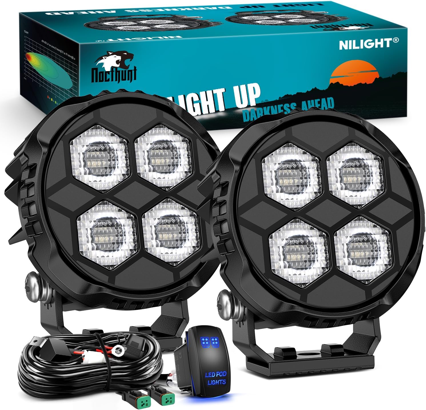 LED Pod Light 2 PCS 3.1 Inch 20W 4 LED Round Hyper Flood Beam Offroad Driving Lights w/18AWG Rocker Switch Wiring Harness Kit for Truck Motorbike Boat ATV UTV