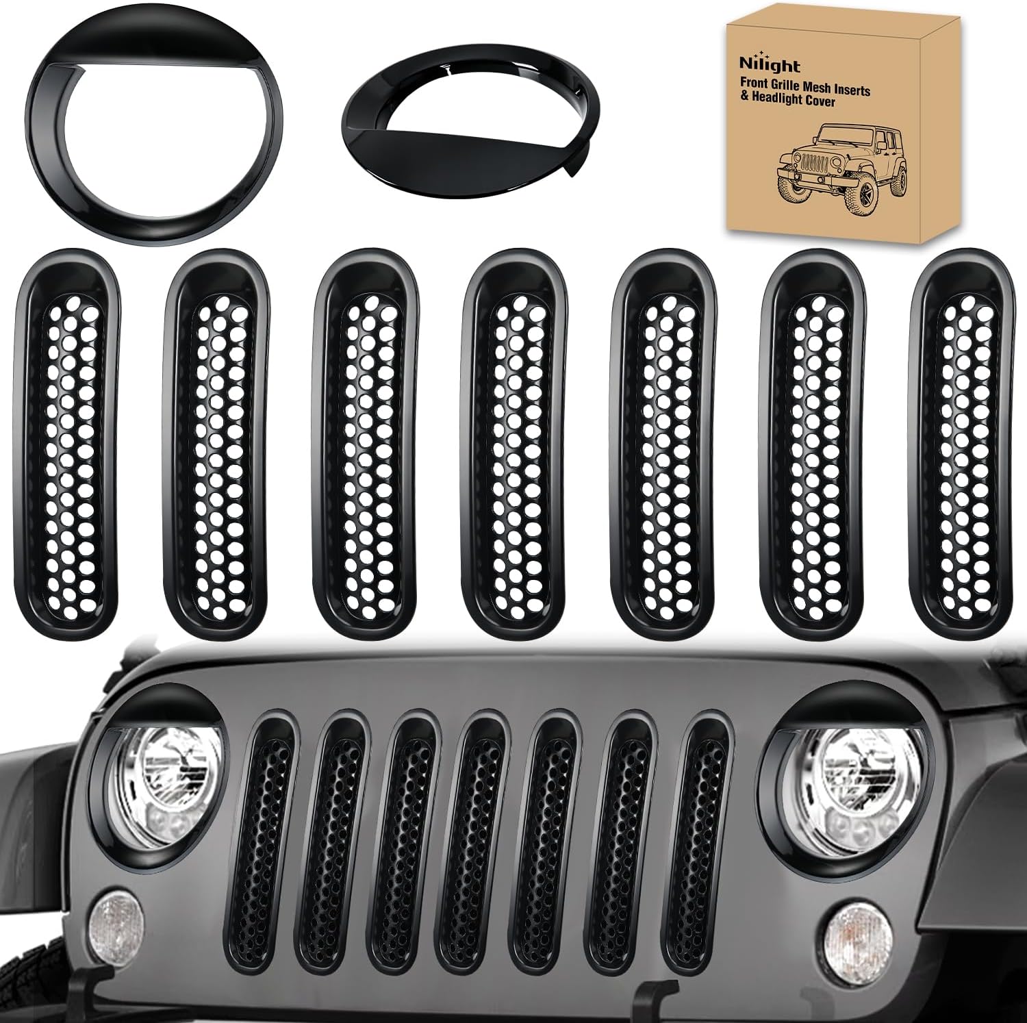 Grill Inserts fit for Jeep Wrangler Front Grille Mesh Inserts & Headlight Cover Set for JK JKU Unlimited Sports Sahara Freedom Rubicon 2007-2018 Clip-in Trim Exterior Accessories Black 9 Pcs