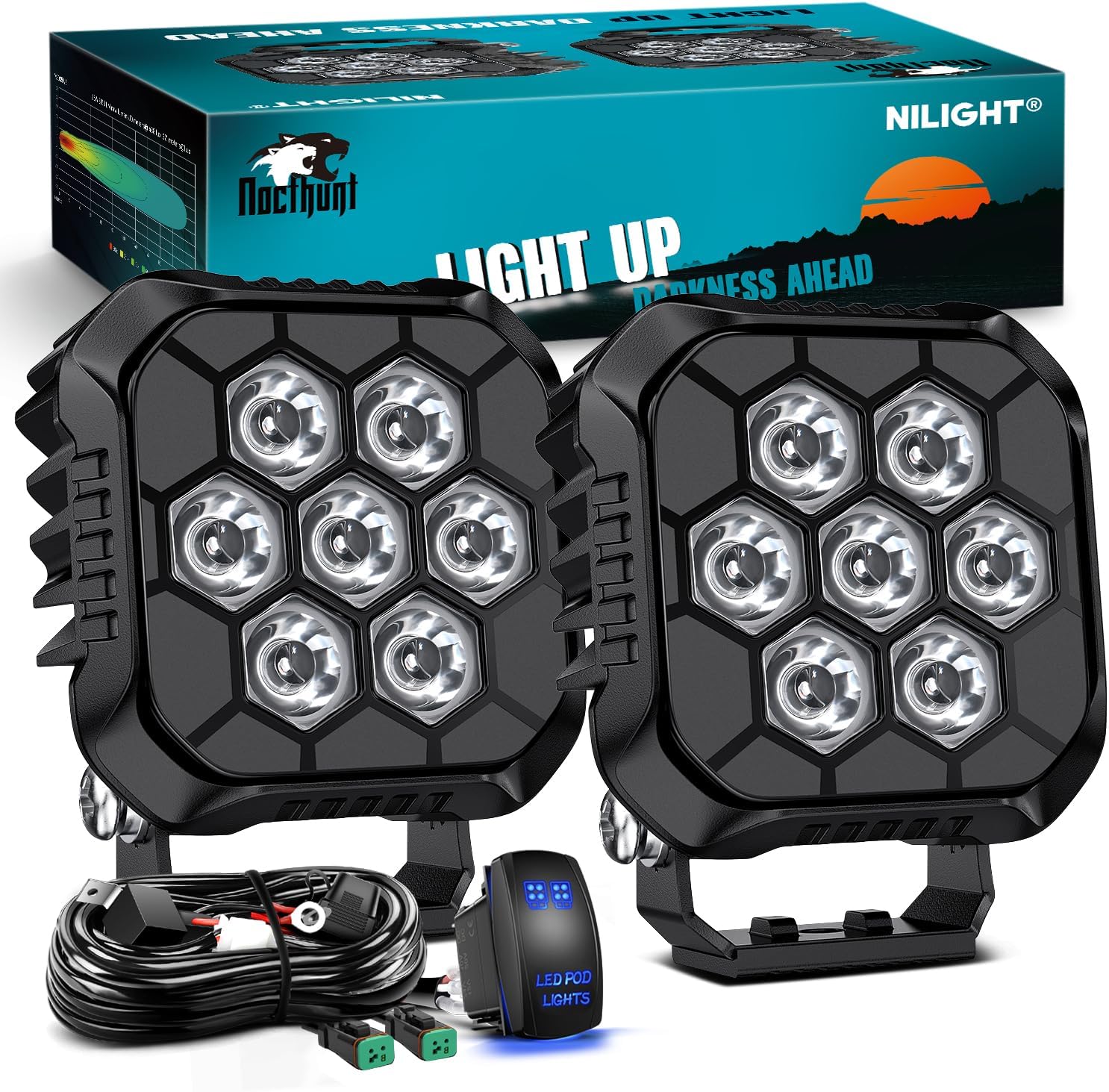 LED Pod Light 2 PCS 3.8 Inch 35 W 7 LED Square Hyper Spot Beam Offroad Driving Lights w/16 AWG Rocker Switch Wiring Harness Kit for Truck Motorbike Boat ATV UTV