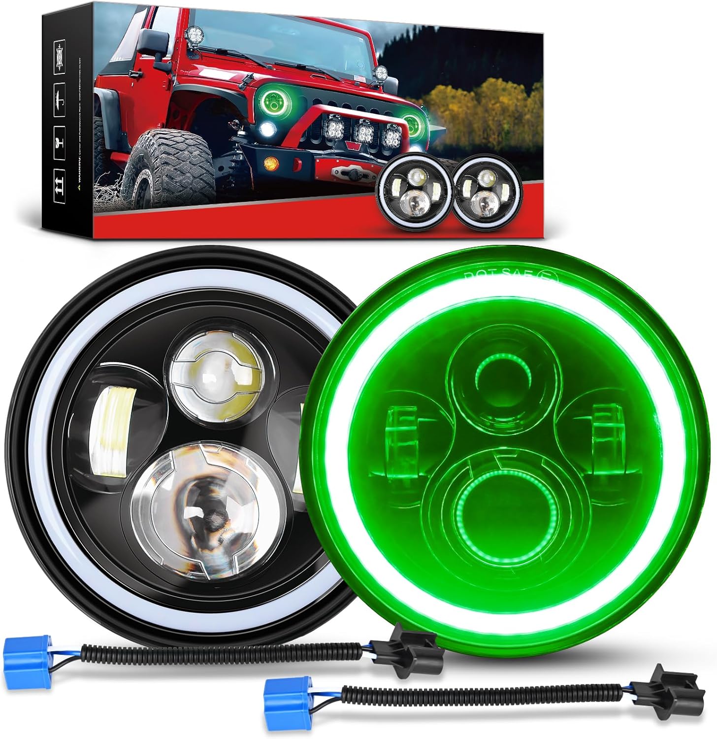 7 Inch Round LED Halo Headlights w/Turn Signal Amber Light Green DRL High Low Beam 7 Inch Headlight Compatible with 2007 2008 2009 2010 2011 2012 2013 2014 2015 2016 2017 2018 Wrangler JK JKU