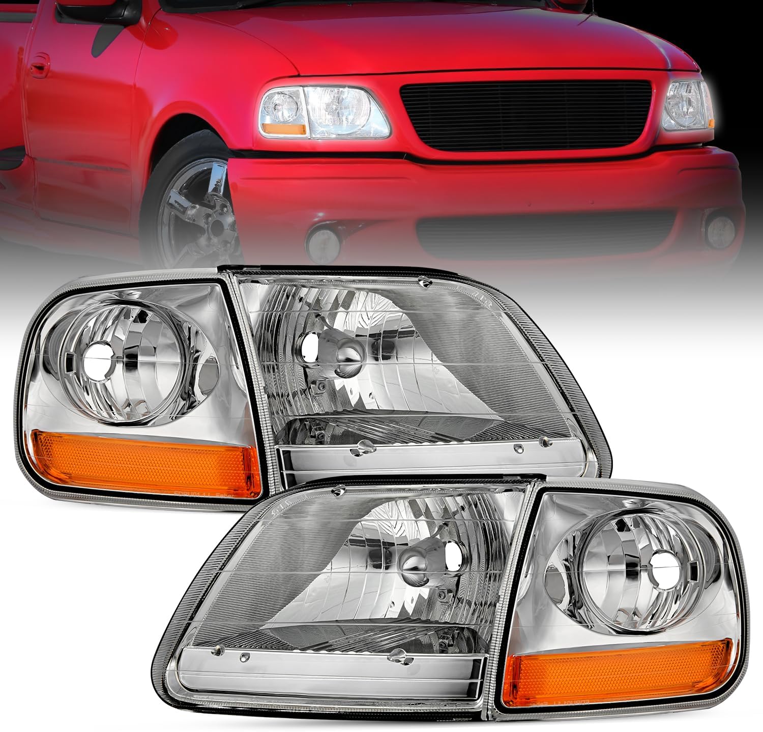 Headlight Assembly Compatible with 1997 1998 1999 2000 2001 2002 2003 Ford F-150 Expedition Chrome Housing Amber Reflector