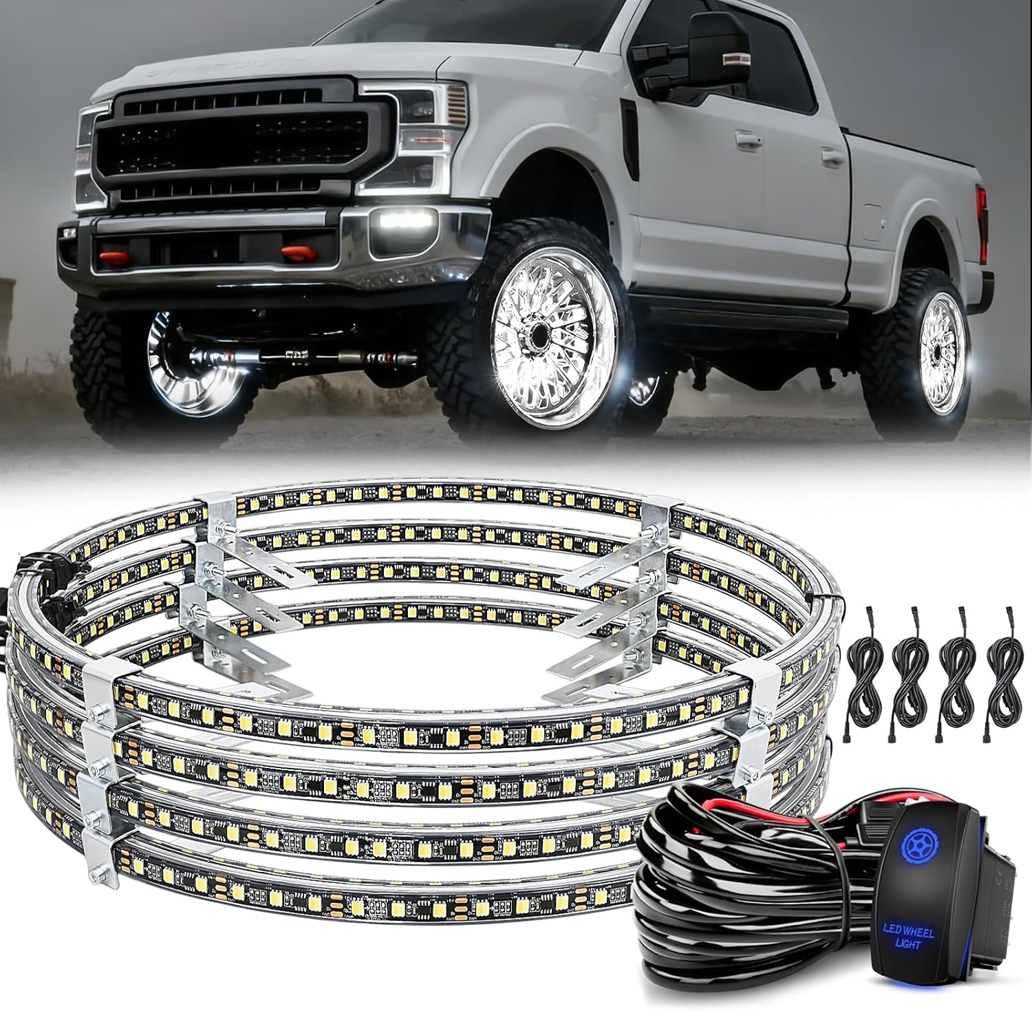 4PCS 17inch Double Row LED Wheel Ring Lights Pure White with Wiring Harness Kit Rocker Switch Control Dual Row for Car Van SUV Truck