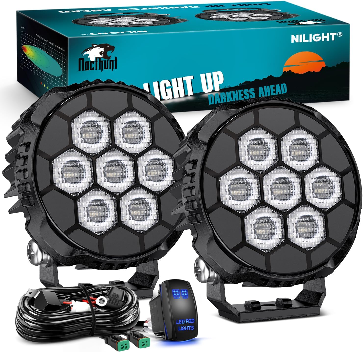 LED Pod Light 2 PCS 4.1 Inch 45 W 9 LED Round Hyper Flood Beam Offroad Driving Lights w/16 AWG Rocker Switch Wiring Harness Kit for Truck Motorbike Boat ATV UTV