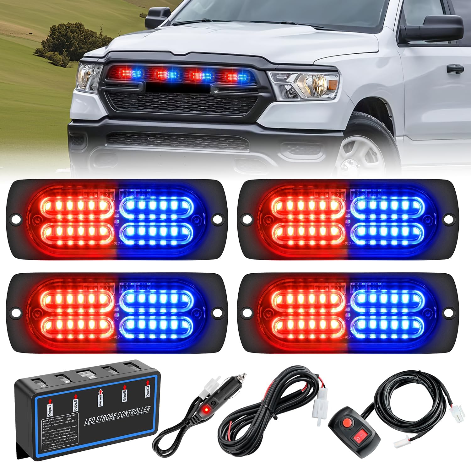 4PCS LED Strobe lights 12V 24V Sync Feature Red Blue 24LED Emergency Hazard Warning Lights with Controller Hard Wire or Cigarette Lighter Plug for Car Truck RVs Campers