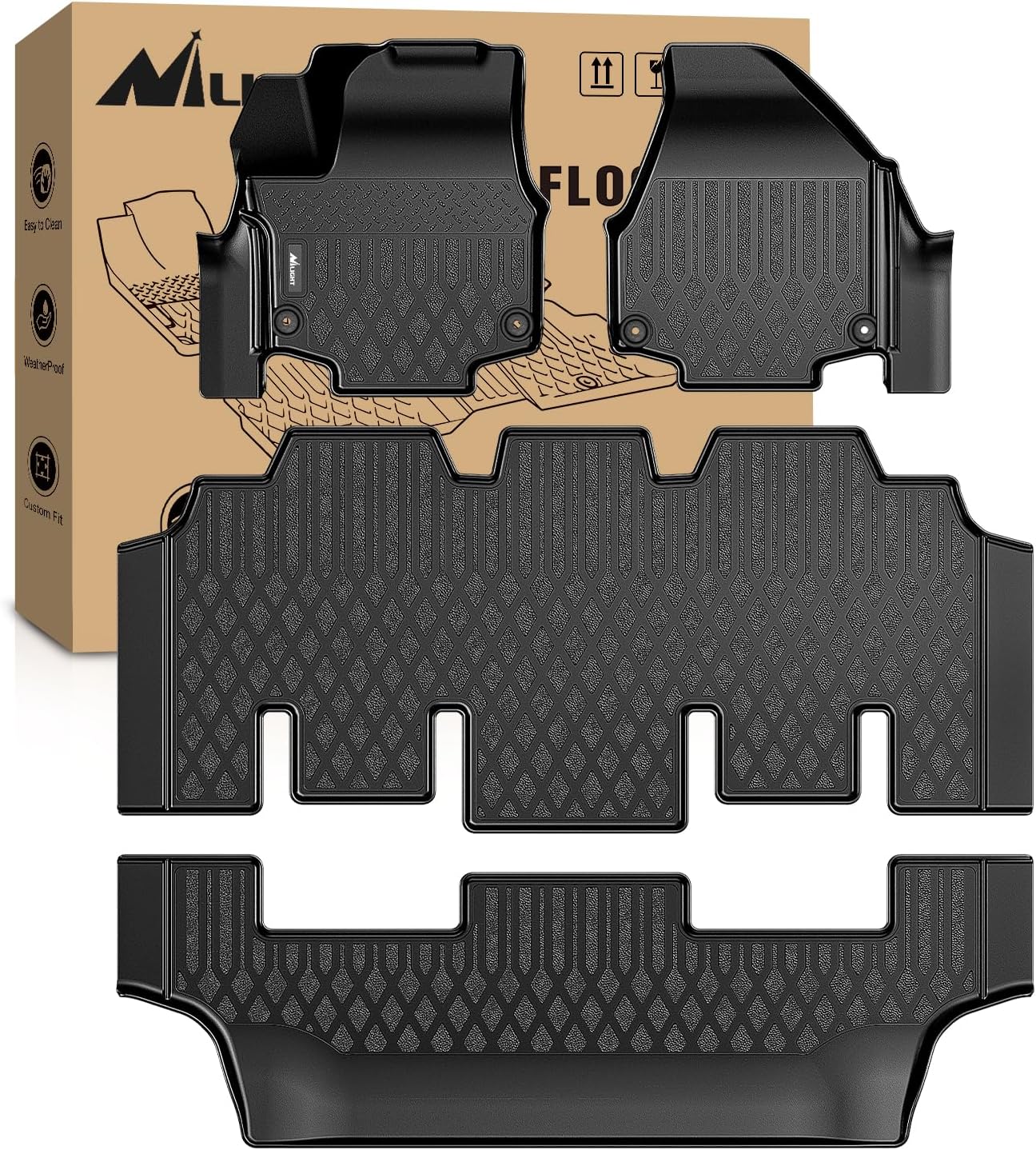 TPE Floor Mats for Chrysler Pacifica 2017 2018 2019 2020 2021 2022 2023 2024 2025 2026 (Not Hybrid) All Weather Custom Fit Heavy Duty Floor Liners