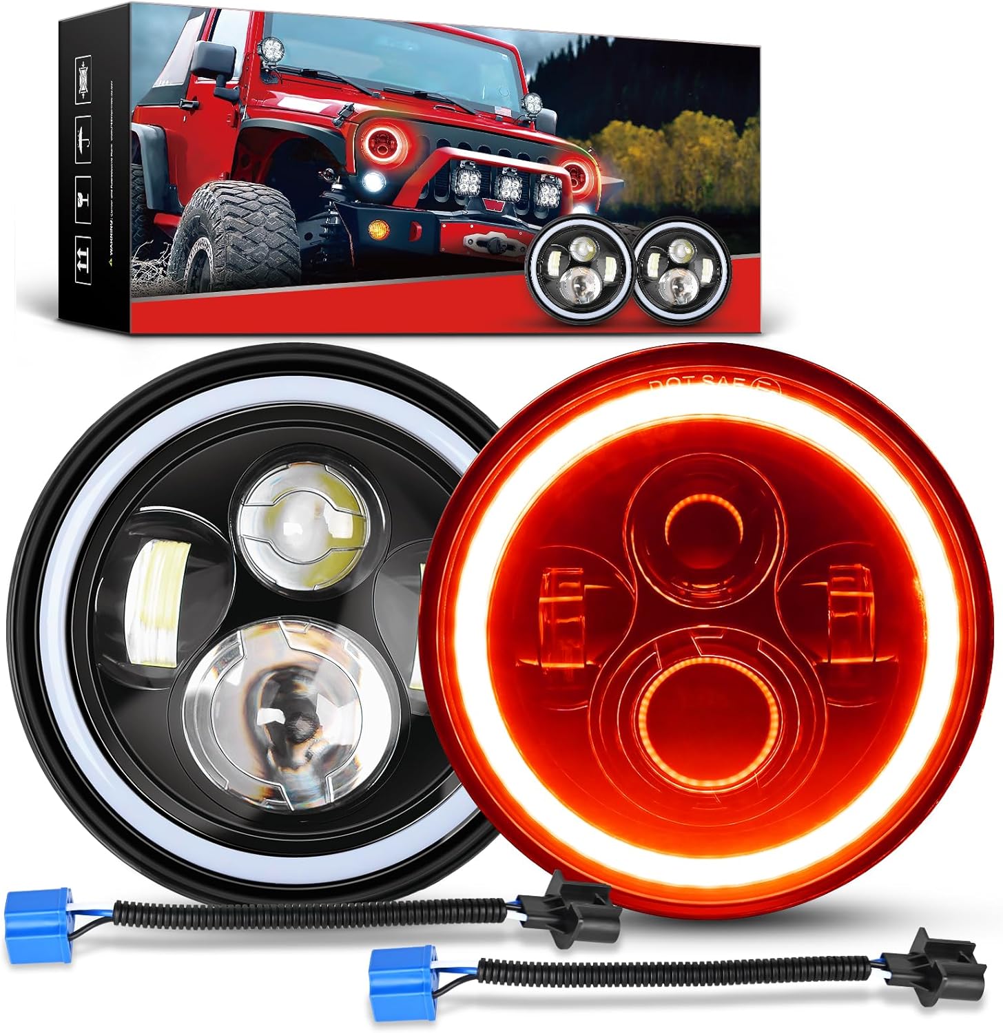 7 Inch Round LED Halo Headlights w/Turn Signal Amber Light Red DRL High Low Beam 7 Inch Headlight Compatible with 2007 2008 2009 2010 2011 2012 2013 2014 2015 2016 2017 2018 Wrangler JK JKU