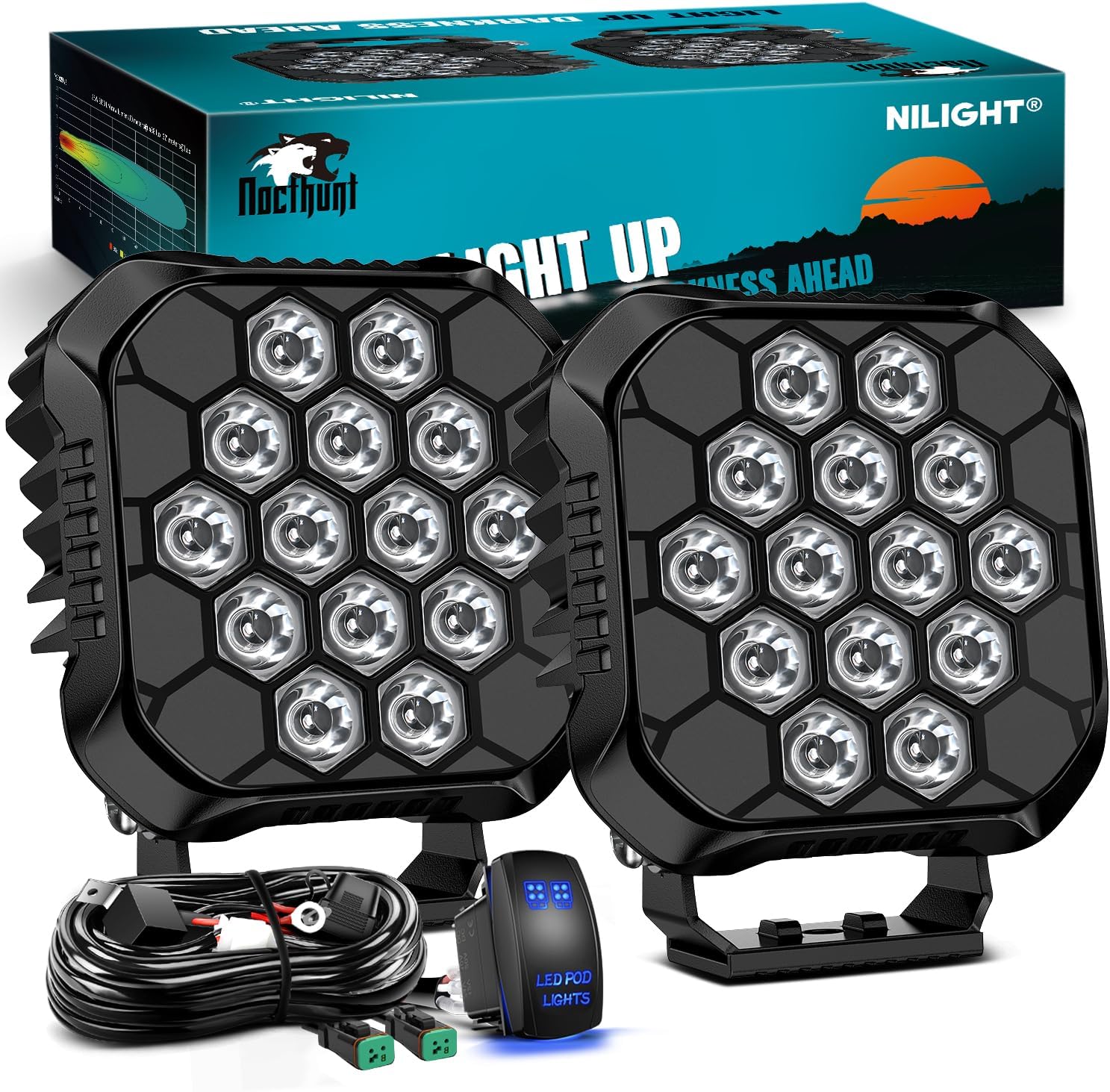 LED Pod Light 2 PCS 4.4 Inch 70 W 14 LED Square Hyper Spot Beam Offroad Driving Lights w/14 AWG Rocker Switch Wiring Harness Kit for Truck Motorbike Boat ATV UTV