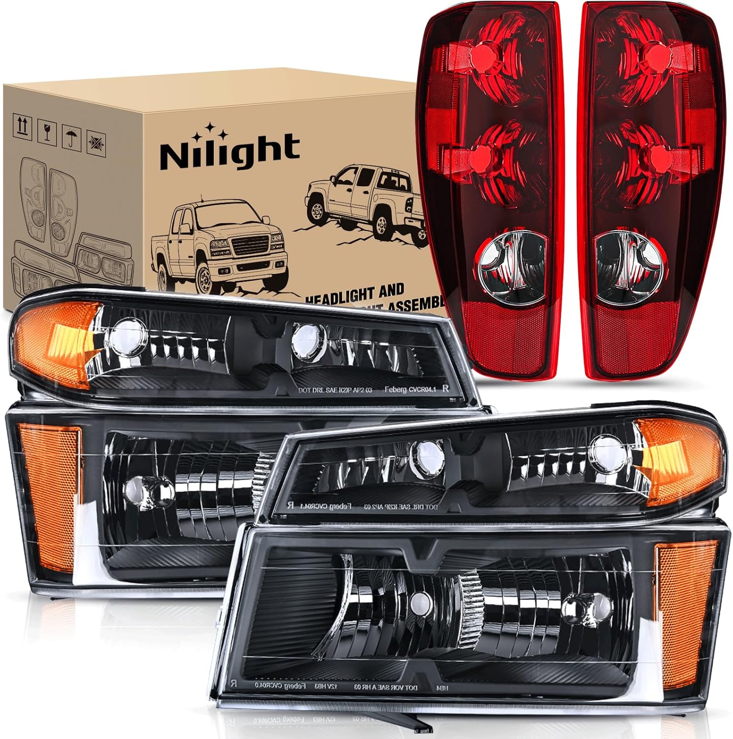 2004 2005 2006 2007 2008 2009 2010 2011 2012 Chevy Colorado GMC Canyon Headlight and Taillight Assembly Combo OE Style Black Housing Amber Reflector with Red Tail Light