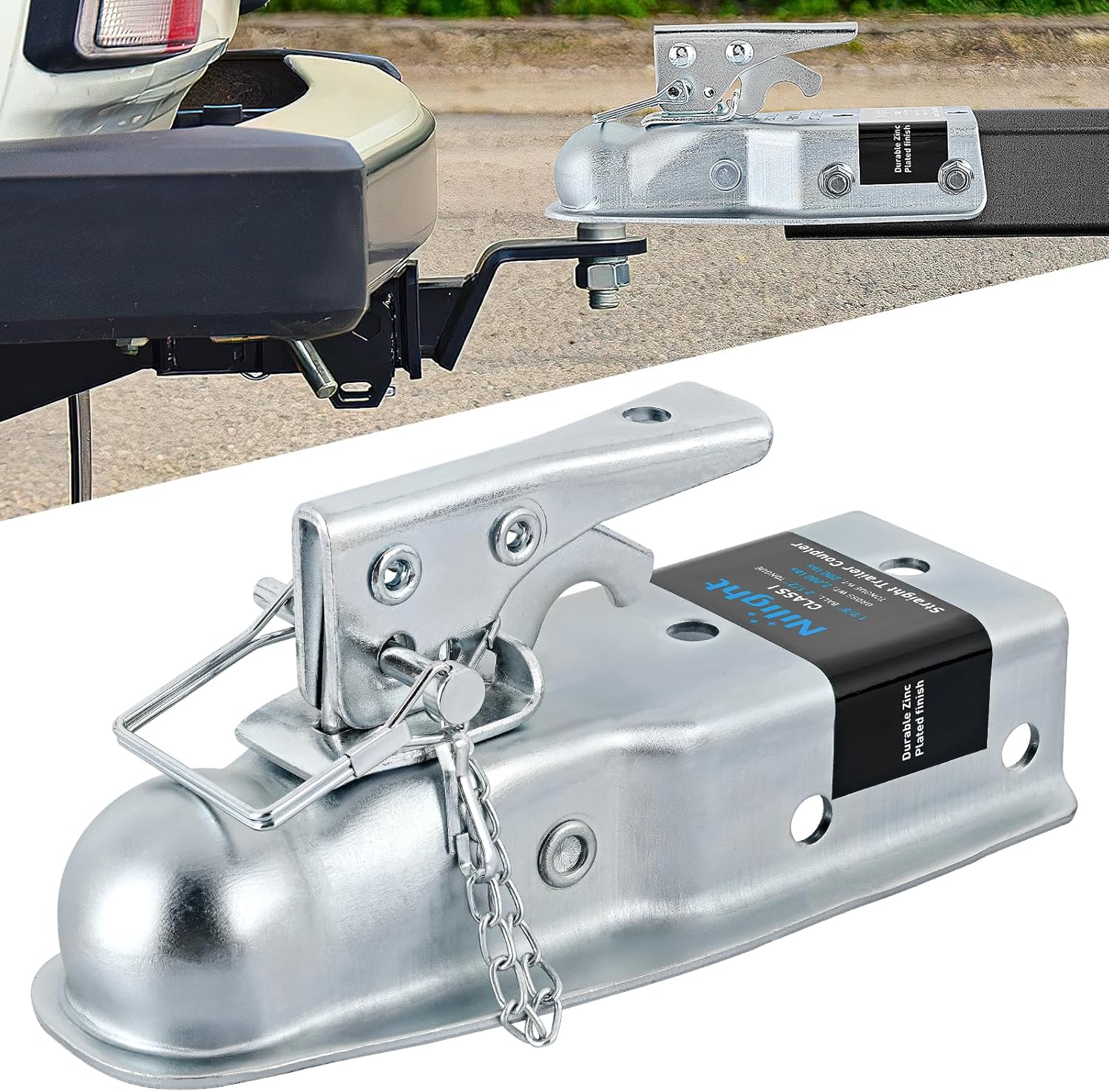 Straight Trailer Coupler with Safety Latch&Chain for 1-7/8 Inch Hitch Ball, 2-1/2 Inch Channel,2000 LBS,Heavy Duty Trailler Tongue Coupler for Station Wagon, Truck, Bolted&Welded Installation