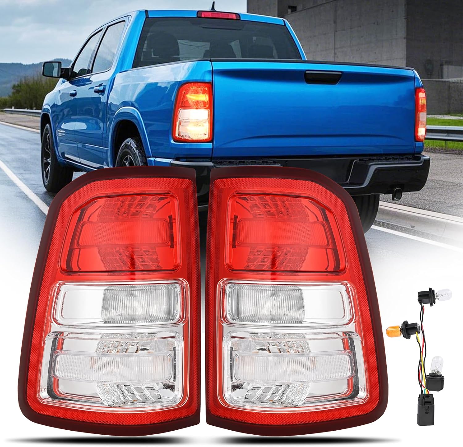 Taillight Assembly Compatible with 2019 2020 2021 2022 2023 Dodge Ram 1500 Tail Light Replacement OE Style Driver Side and Passenger Side with Bulbs