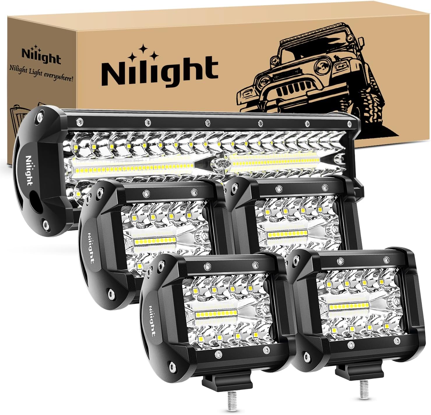 LED Light Bar 12 Inch 300W 4Pcs 4 Inch 60W Spot Flood Pods Off Road Driving Fog Work Lighting for Truck Tractor Pickup Boat SUV ATV UTV Car 4x4 Van Camper Motorcycle Dirt Bike Golf Cart